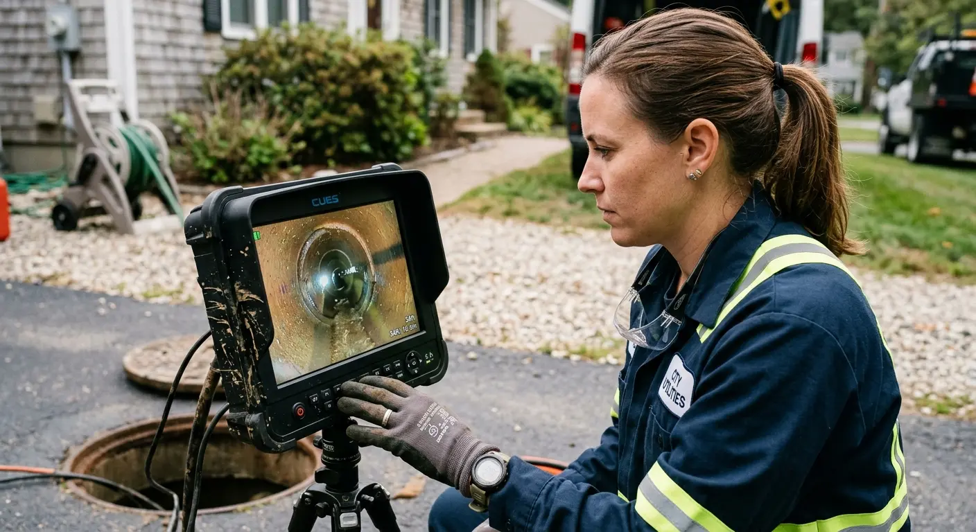 Technician reviewing sewer camera inspection footage in Pleasant Grove